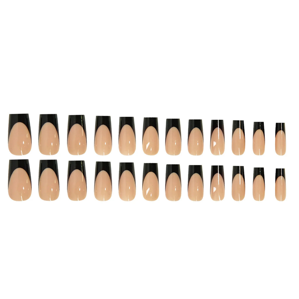24pcs long coffin French press-on nails in black, featuring elegant bow and diamond details. Chic ballerina-style acrylic nails for a glamorous manicure in minutes.