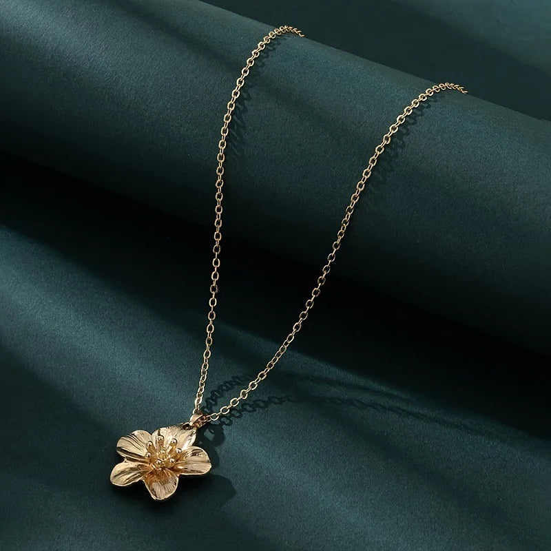Floral Layered Necklace - Gold-Tone Alloy, Textured Flower Pendant, Double-Layer Beaded Chain, Boho Elegant Fashion Neck Jewelry