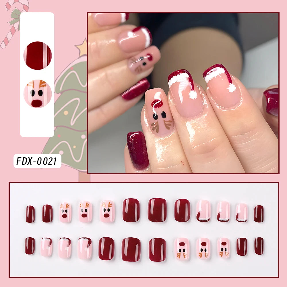 24Pcs Christmas Red French Almond Fake Nails Snowflake Xmas Hat Design False Nail Acrylic Women New Year Wearable Press On Nails