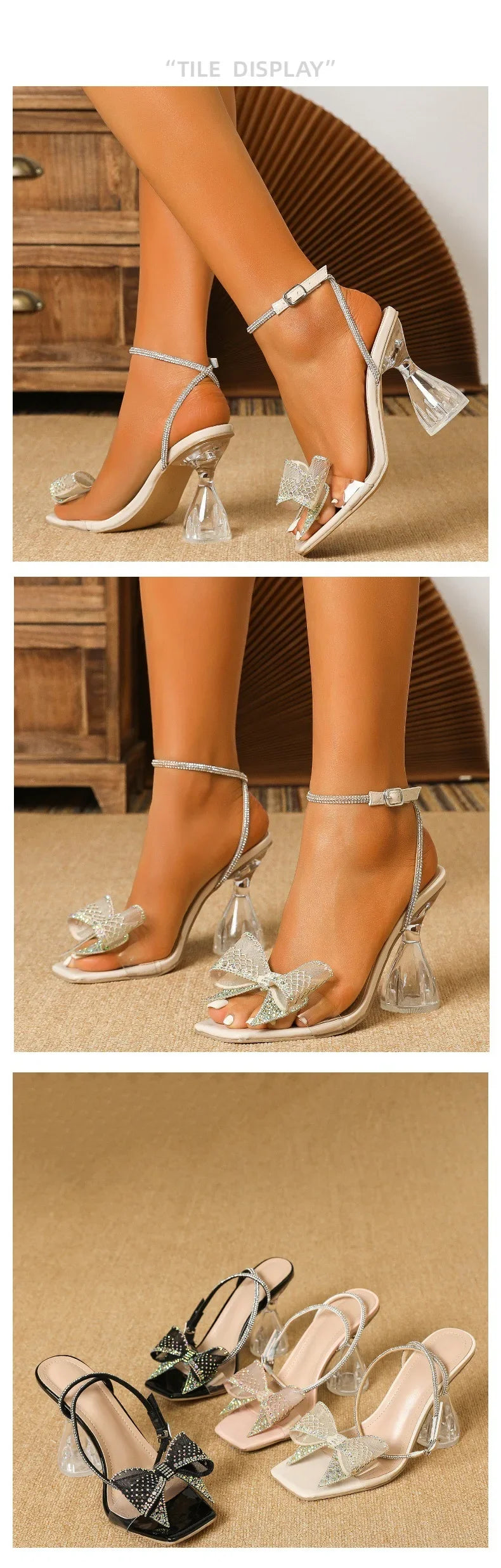Elegant Fairy Style Crystal Butterfly High Heels 2025 Summer New Arrival Rubber Sole Square Head PVC Material Wedding Shoes