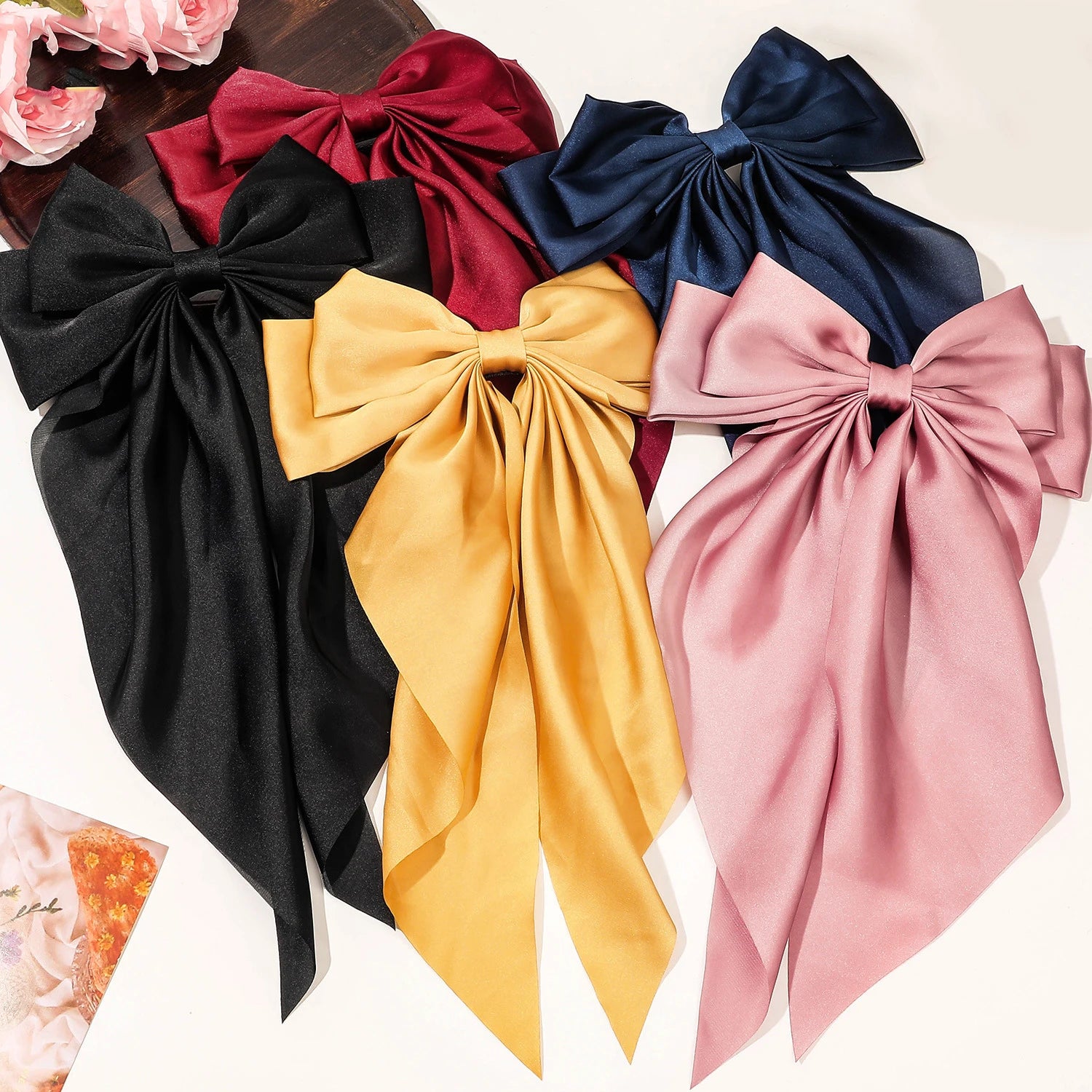 5PCS Silky Satin Ribbon Hair Bows for Women Large Big Oversized Giant Long Tail Bow French Hair Clips Barrettes Hair Accessories