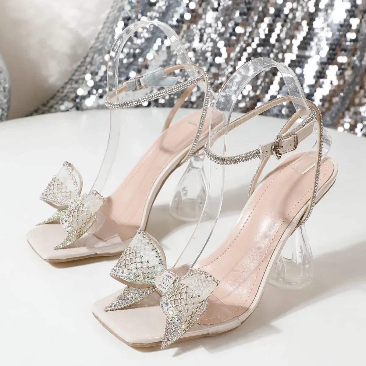 Elegant Fairy Style Crystal Butterfly High Heels 2025 Summer New Arrival Rubber Sole Square Head PVC Material Wedding Shoes