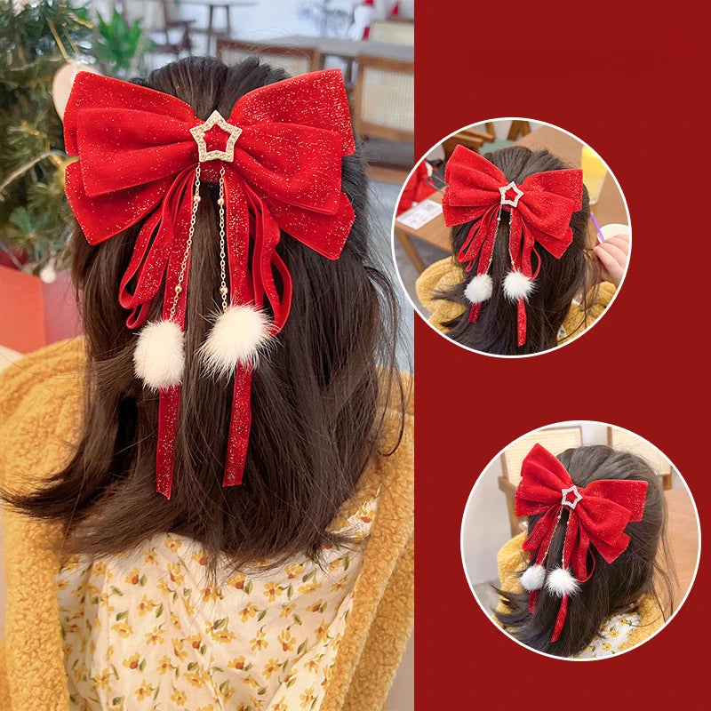 Red Velvet Bows Hair Ribbons Scrunchies for Women Girls Long Elastic Hair Ties Headwears Female Kids Styling Tools 2025 New Year