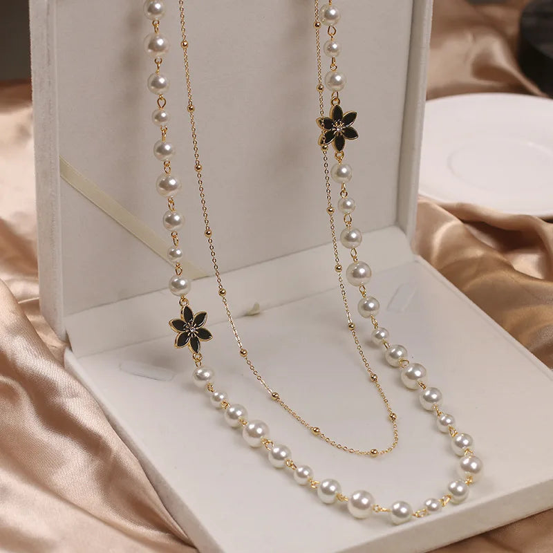Women Pearls Double Layers Long Necklace High Quality Party Wedding Jewelry Accessories For Lady Elegant Chain Collares de moda
