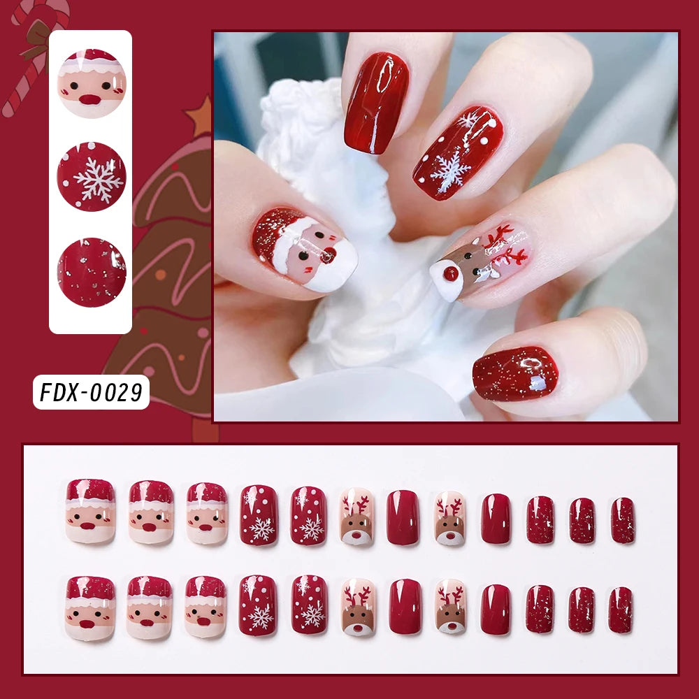 24Pcs Christmas Red French Almond Fake Nails Snowflake Xmas Hat Design False Nail Acrylic Women New Year Wearable Press On Nails