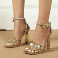 Women's Sandals Summer Butterfly Decorative Rhinestone Cross Strap Open-toe Gold Shoes for Women Ladies High Heels Dance Shoes