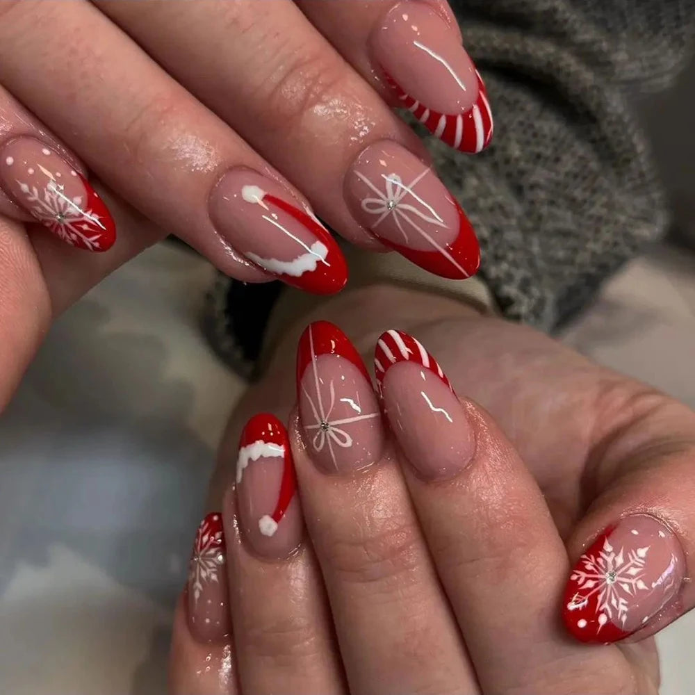 24Pcs Christmas Red French Almond Fake Nails Snowflake Xmas Hat Design False Nail Acrylic Women New Year Wearable Press On Nails