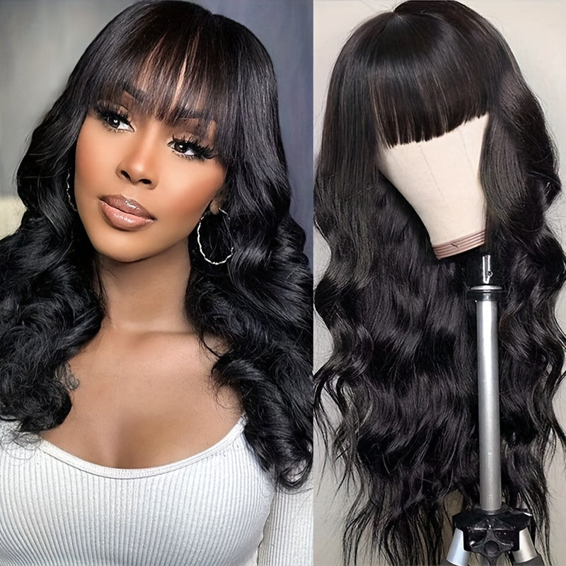 16 Inches 180% Density Body Wave Brazilian Virgin Hair Wigs with Bangs - Rose Net Cap, Machine Made, Natural Color, Soft and Silky Texture - Suitable for All Women, Basics Style